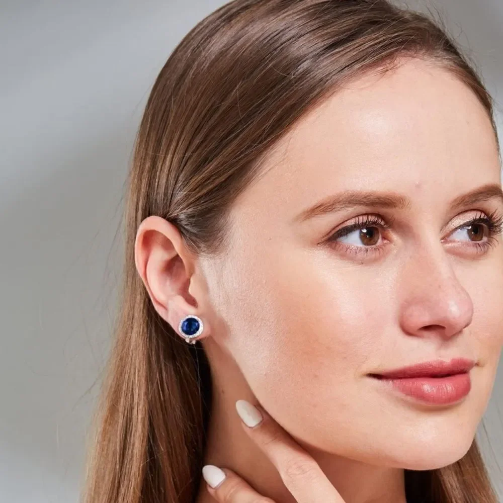 Silver with Blue Sapphire and White Diamond Cubic Zirconia Stud Clip On Earrings